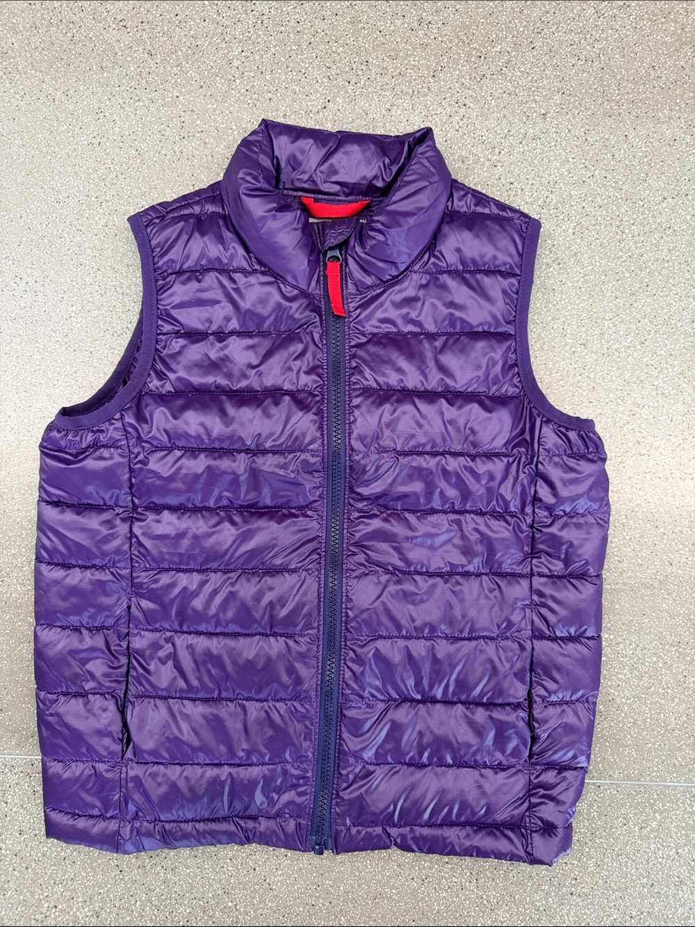 Primary Purple Quilted Puffer Vest with Red Zipper Accent